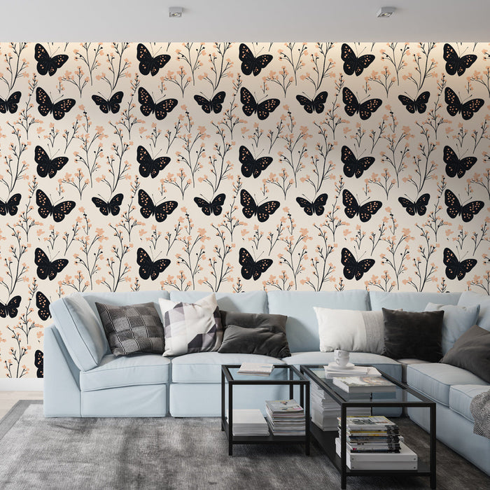 Fototapet kelebekler ve çiçekler | Yumuşak ve çiçekli bir arka plan üzerinde siyah kelebek deseni