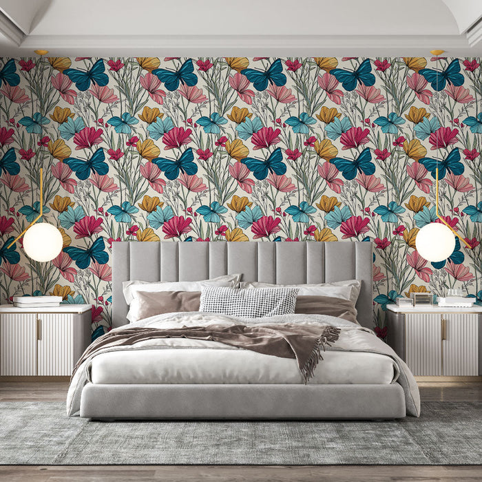 Fototapet metulji in rože | Očarljiv vzorec pisanih metuljev in cvetja