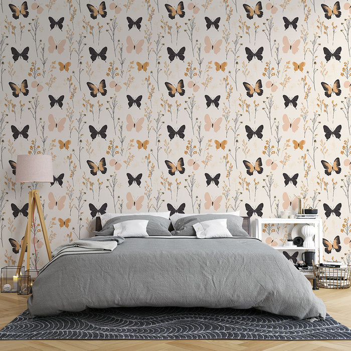Mural Wallpaper butterflies and flowers | Butterfly and delicate herb patterns on a soft background