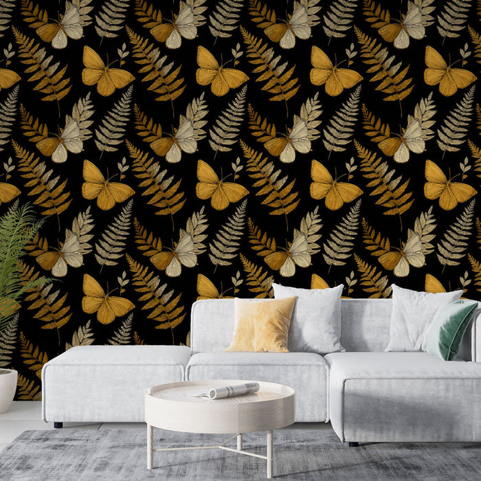 Fototapet kelebekler ve eğrelti otları | Siyah bir zemin üzerinde altın desenler