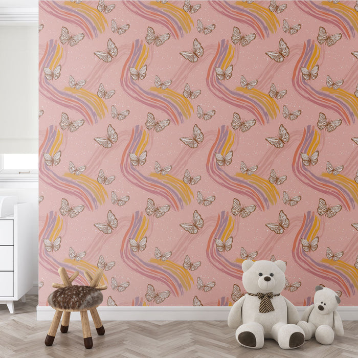 Fototapet kelebekler ve renkli dalgalar | Pembe arka plan üzerinde kelebekler ve çok renkli darbeler