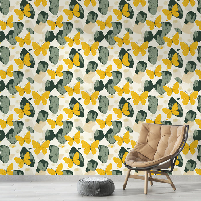 Tapete gelbe Schmetterlinge | Lebhaftes Blumenmuster mit Schmetterlingen und Blättern