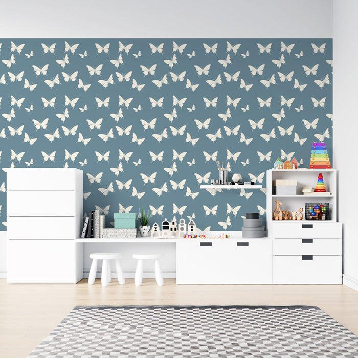 Papel pintado mariposas | Patrón de mariposa blanca sobre fondo azul