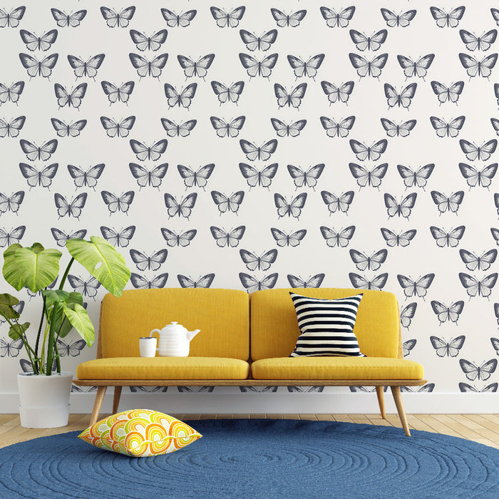 Mural Wallpaper butterflies | Butterfly pattern in black and white on a light background