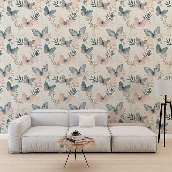 Ταπετσαρία με τοιχογραφία πεταλούδες | Σχέδιο πεταλούδας και παστέλ φύλλων