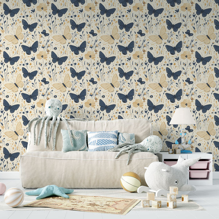 Carta da parati farfalle | Motivo farfalla e fiore su sfondo crema