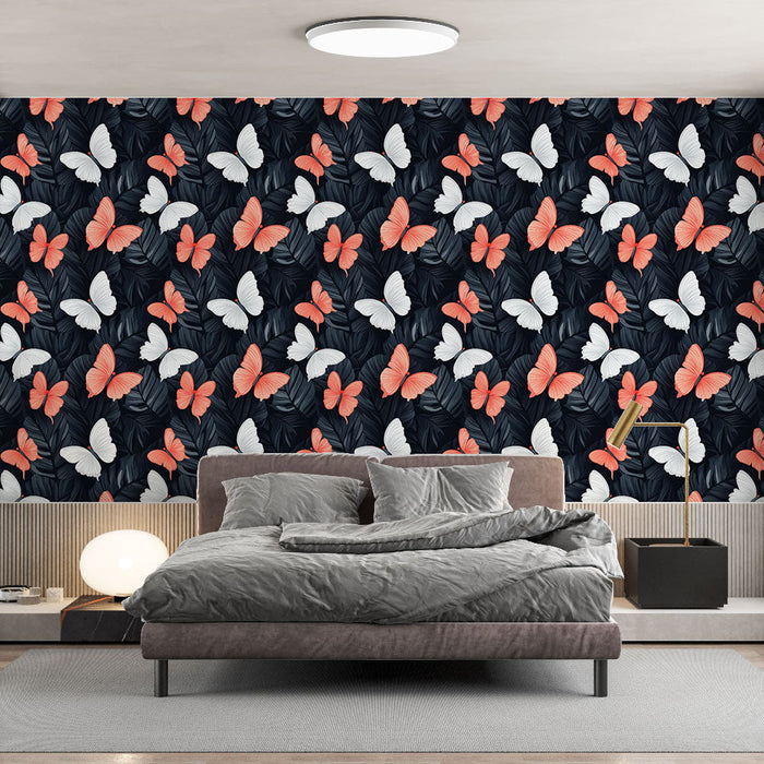 Fototapet kelebekler | Siyah zemin üzerinde turuncu ve beyaz kelebek deseni