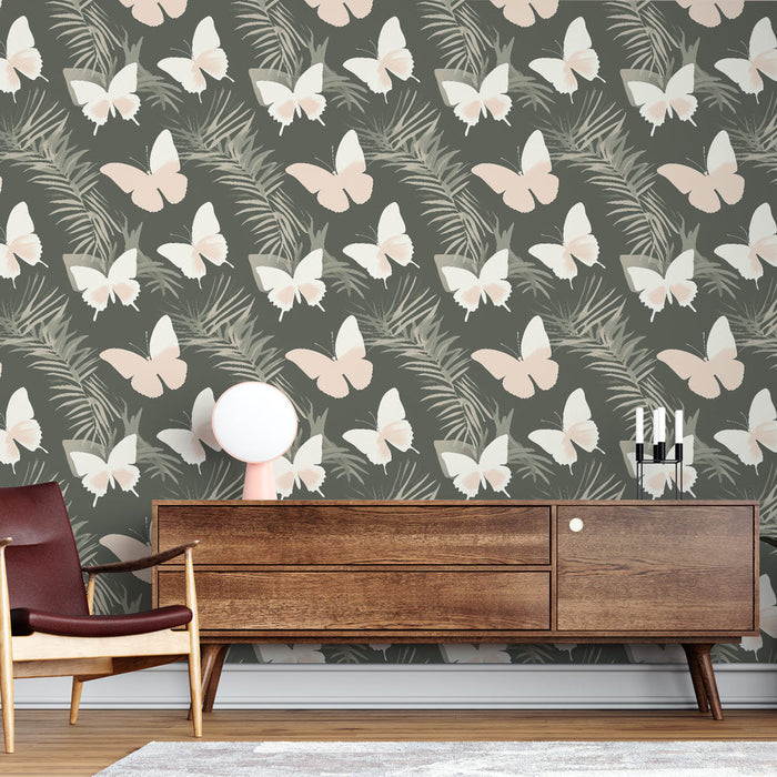 Fototapet sommerfugle | Pink sommerfugl og tropisk bladmønster