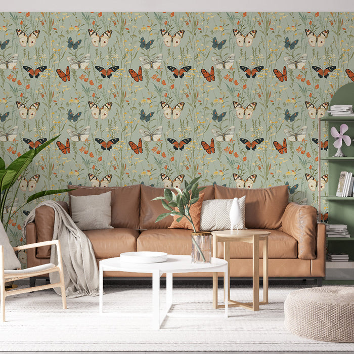 Tapet cu fluturi | Model de fluturi pe fundal verde pastel