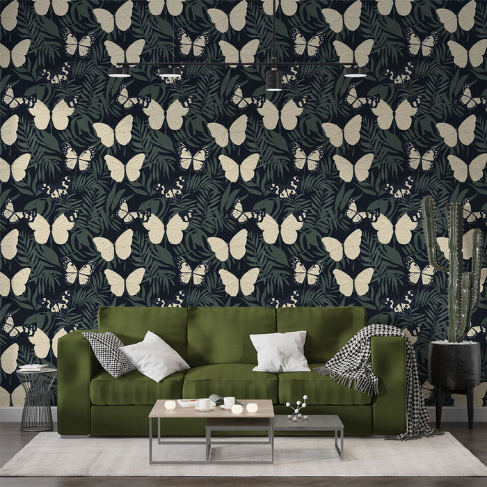 Carta da parati farfalle | Motivo farfalla su un fondo di foglie tropicali