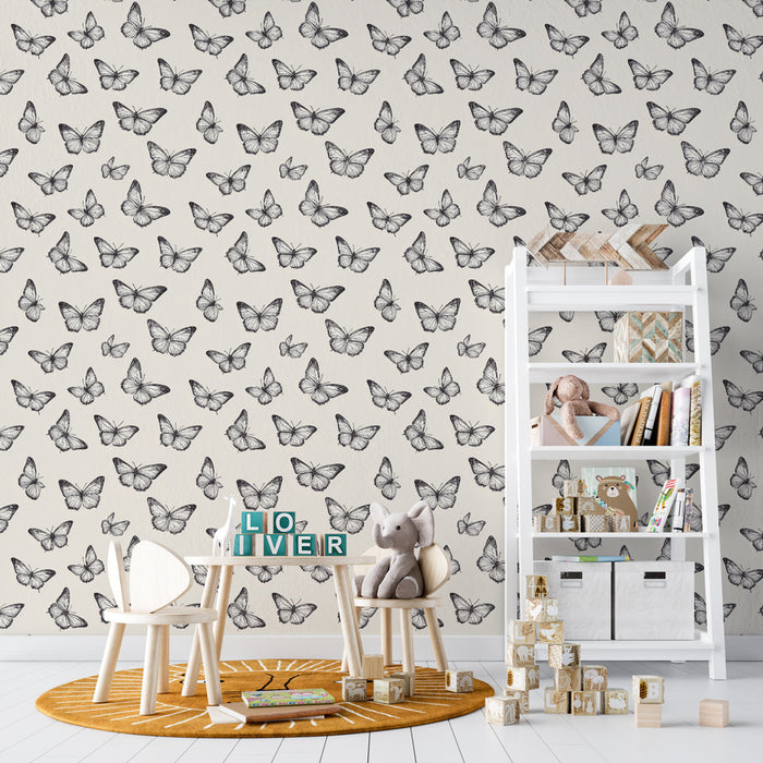 Fototapet sommerfugler | Fint tegnede mønster av sommerfugler på en lys bakgrunn