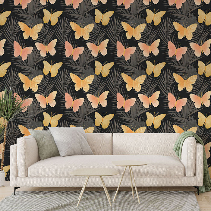 Ταπετσαρία τοιχωμάτων με πεταλούδες | Μοτίβα πεταλούδων σε μαύρο φόντο με διακριτικά φυλλώματα