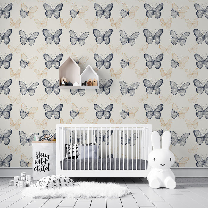 Tapete με πεταλούδες | Κομψά μοτίβα πεταλούδων σε μαύρο και μπεζ πάνω σε ανοιχτό φόντο.