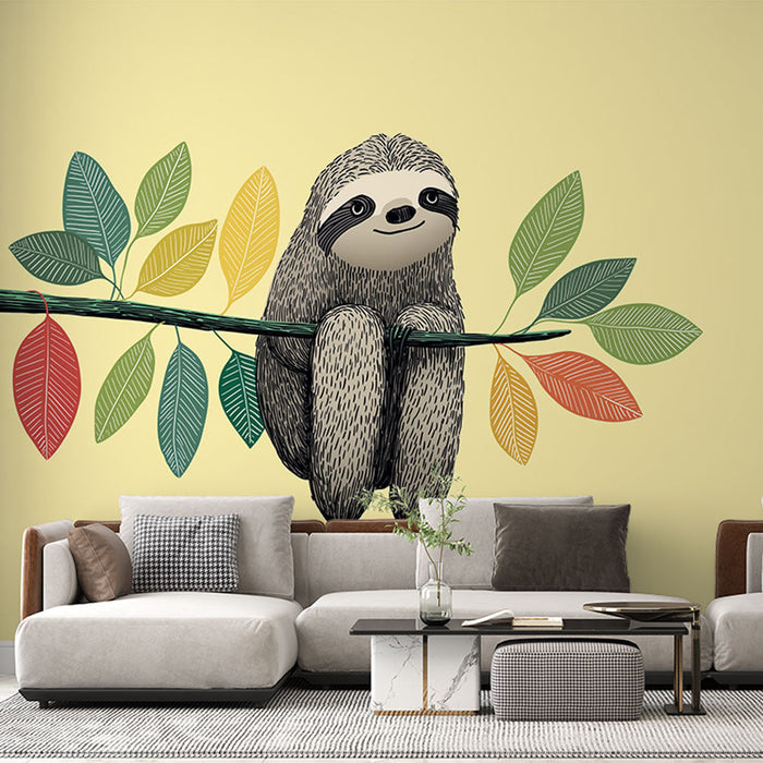 Foto Behang luiaard | Illustratie van een lachende luiaard op een tak omringd door kleurrijke bladeren