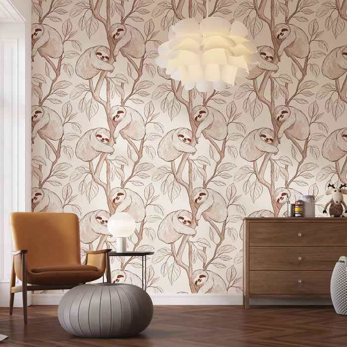 Papel pintado perezoso | Diseño de perezosos colgando de ramas con hojas