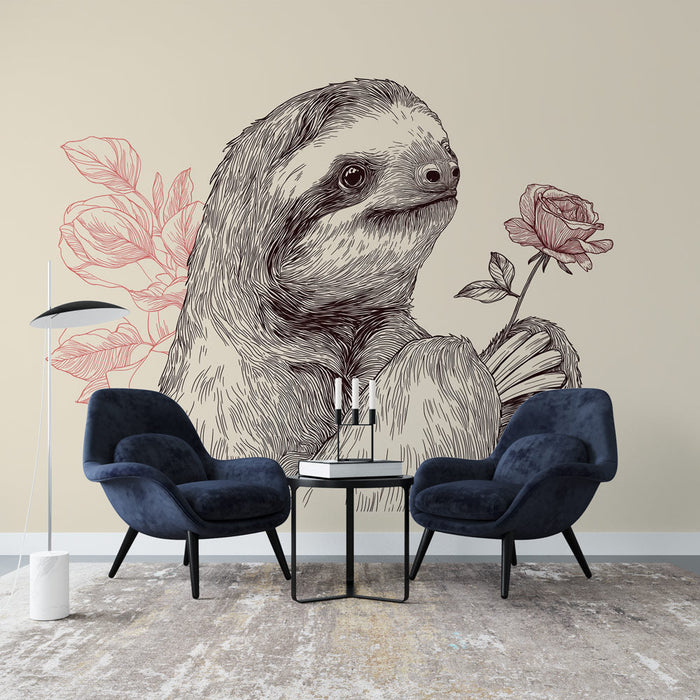 Fototapet-lazy | Lazy som holder en rose med blomster i bakgrunnen