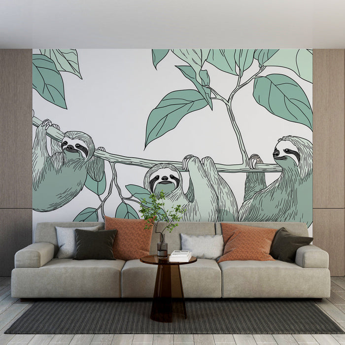 Tapeta Leniwiec | Trzy leniwce wisi na gałęzi z delikatnymi liśćmi