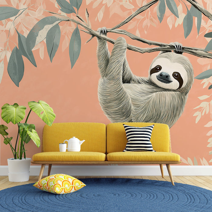 Carta da parati pigra | Un adorabile bradipo appeso tra delicate foglie su uno sfondo corallo