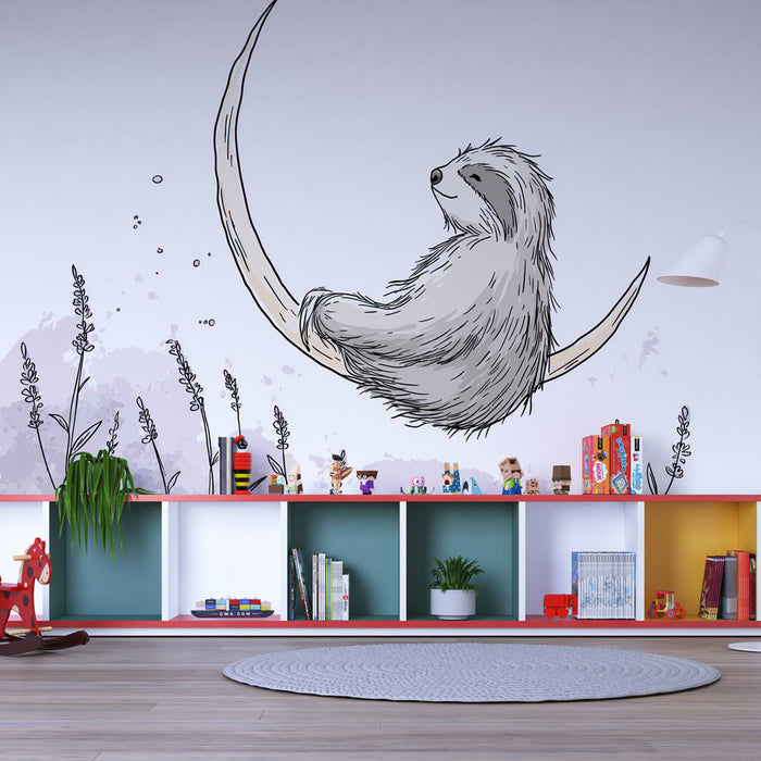 Lazy Mural Wallpaper | An adorable sloth perched on a delicate moon