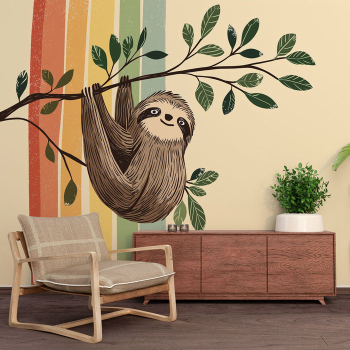 Tapeta leniwy | Zabawny leniwiec wiszący na gałęzi w pastelowych kolorach