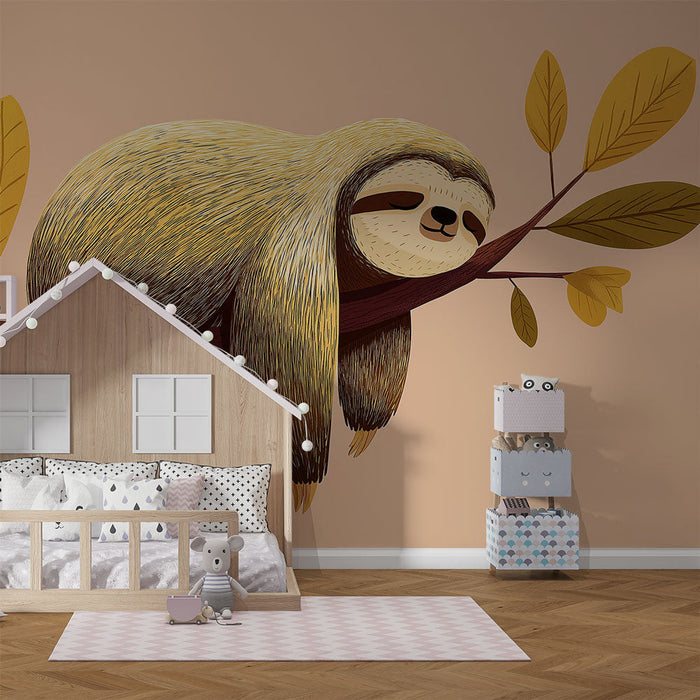 Papel de parede Lazy | Uma preguiça fofa em um galho adornado com folhas douradas