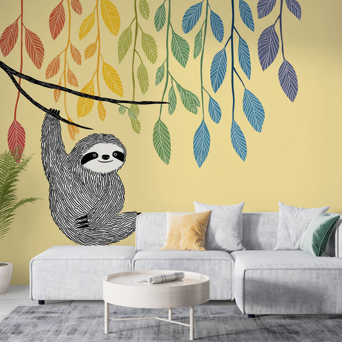 Fototapet sloth | En elegant sloth hänger från en gren dekorerad med färgglada löv