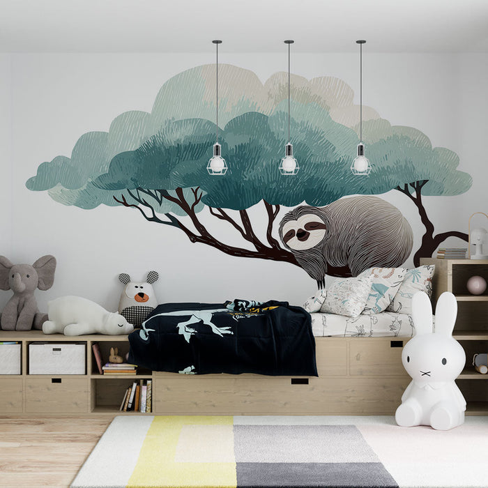papel-pintado-perezoso-un-perezoso-durmiendo-en-un-árbol-estilizado