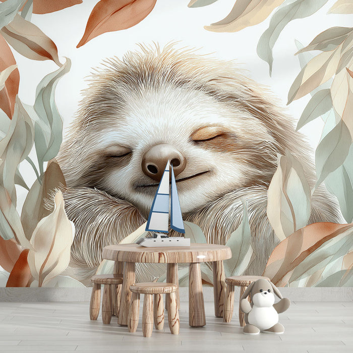 Mural Wallpaper sloth | A happy sloth surrounded by delicate leaves