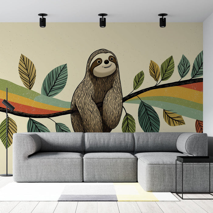 Duvar Kağıdı | Stilize yapraklarla renkli bir dalda dinlenen mutlu bir tembel hayvan