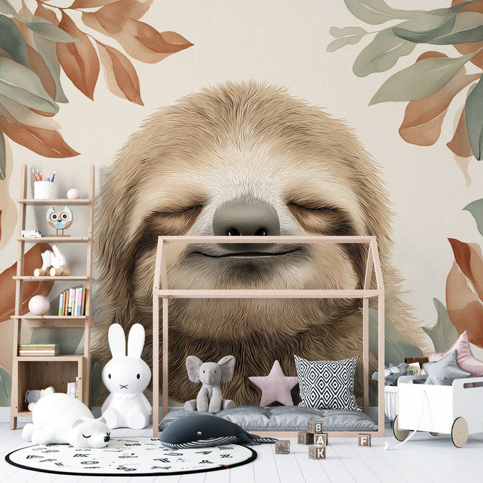 Mural Wallpaper sloth | A smiling sloth surrounded by delicate leaves