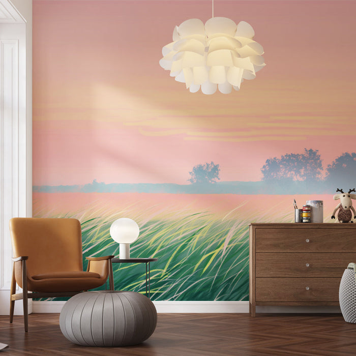 Falfestmény tapéta pasztell | Vidéki táj és magas fű