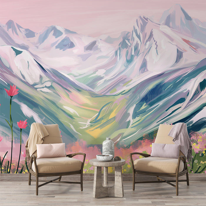 Mural Wallpaper pastel | Wildflowers and mountains