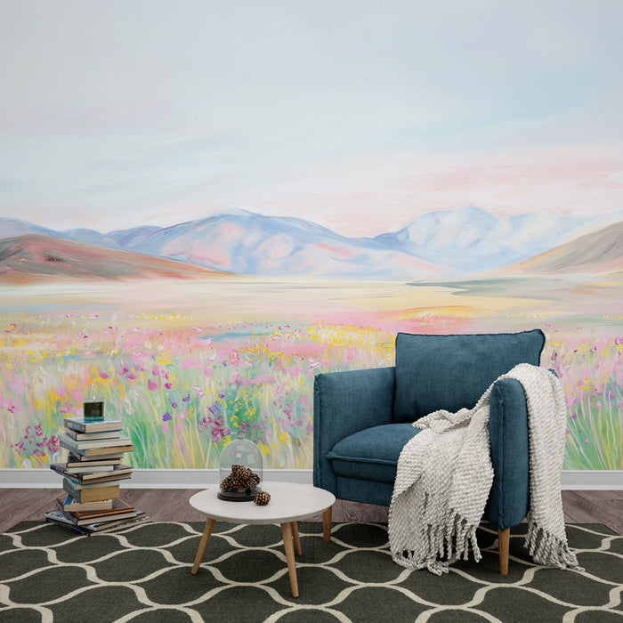 Mural Wallpaper pastel | Wild flowers on a mountainous background