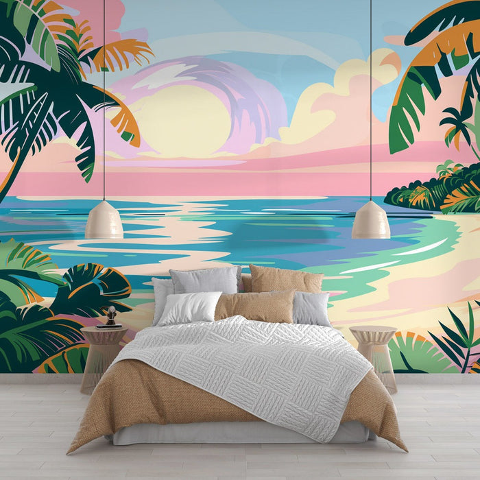 Papel pintado de paisaje | Diseño de palmeras y playa