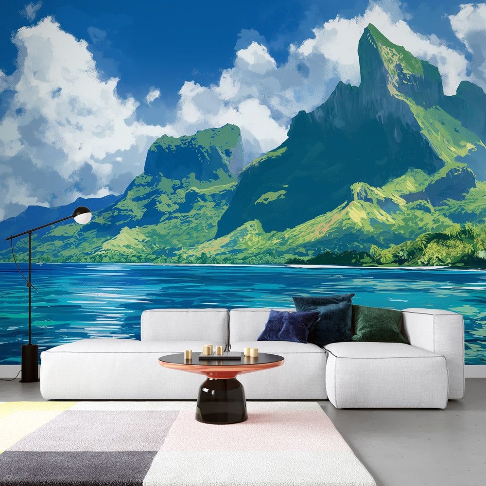 Carta da parati paesaggio | Stile disegno montagna e mare — WonderMural, image size:1000x1000