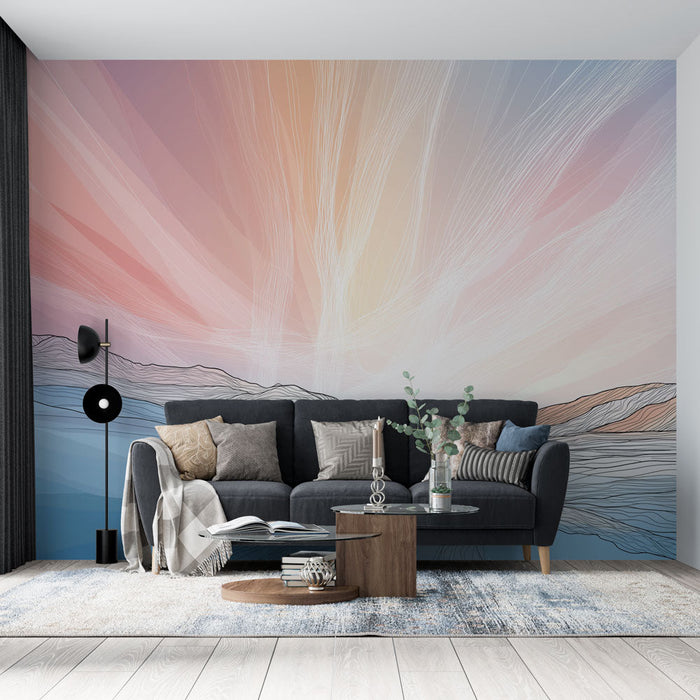 Tapete paysage abstrait | Effets de couleurs pastel et lignes épurées