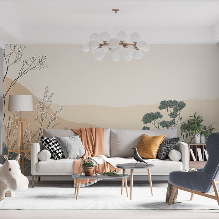 Mural Wallpaper abstract landscape | Minimalist illustrations of vegetation and gentle hills