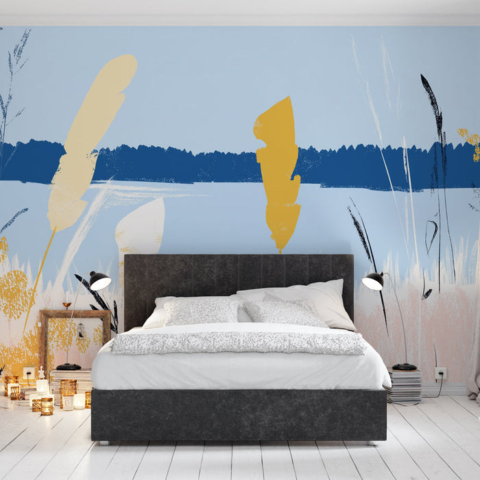 Mural Wallpaper abstrakt landskap | Lys blå innsjø og minimalistisk gul løvverk