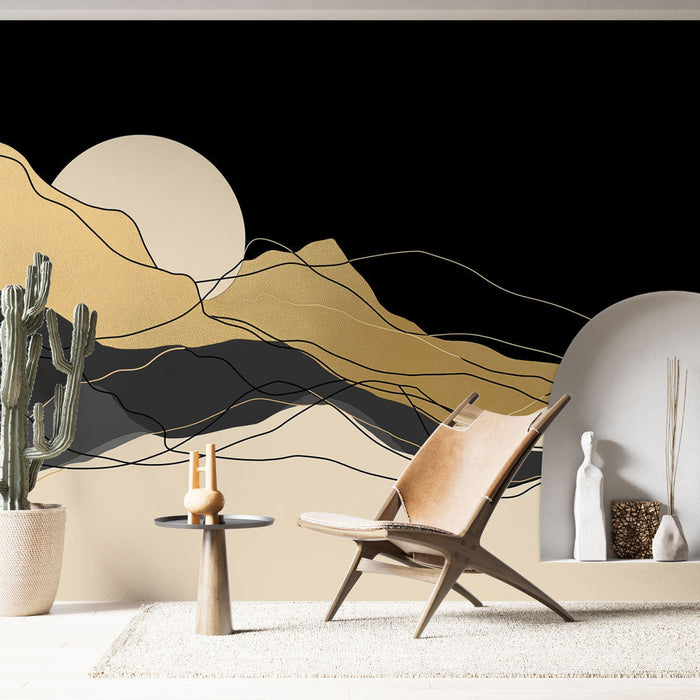 Ταπετσαρία μουράλ αφαιρετικό τοπίο | Χρυσά βουνά και λεπτές γραμμές σε μαύρο φόντο
