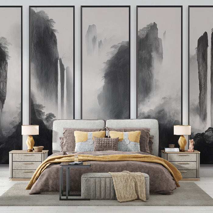 Mural Wallpaper abstract landscape | Mountains and waterfalls in black and white