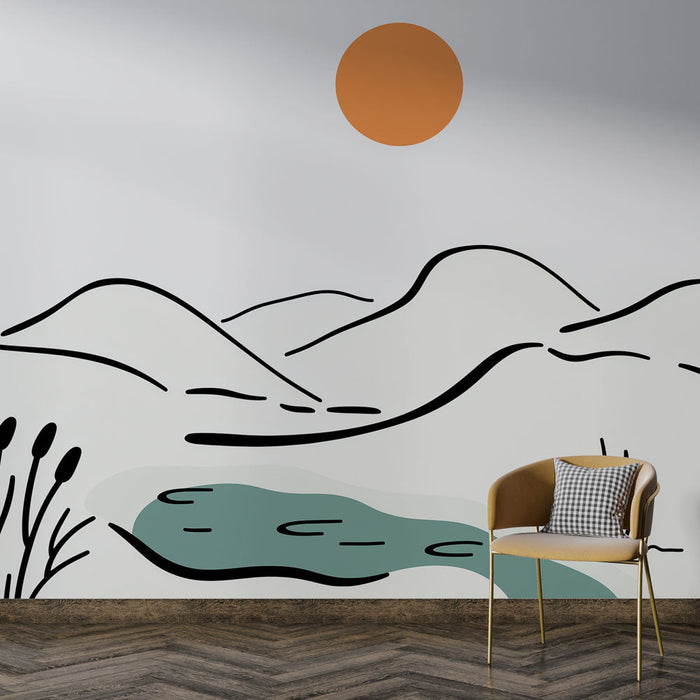 Mural Tapet abstrakt landskap | Minimalistiske fjell og dam