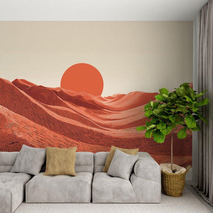 Tapete abstrakte Landschaft | Wellige Berge unter einer leuchtenden Sonne