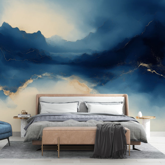 Tapetti abstrakti maisema | Sinisen ja kullan sävyt, jotka tuovat mieleen sumuiset vuoret