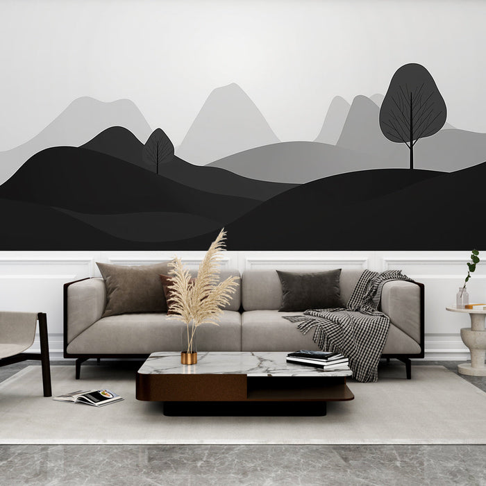 Mural Wallpaper abstract landscape | Mountain silhouettes in shades of gray