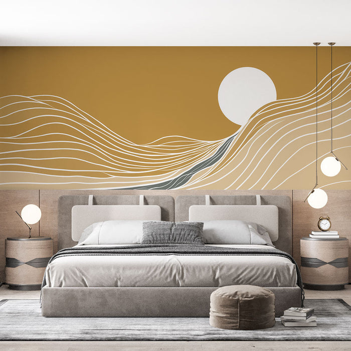 Foto Behang landschap abstract | Gestileerde golven en minimalistische zon