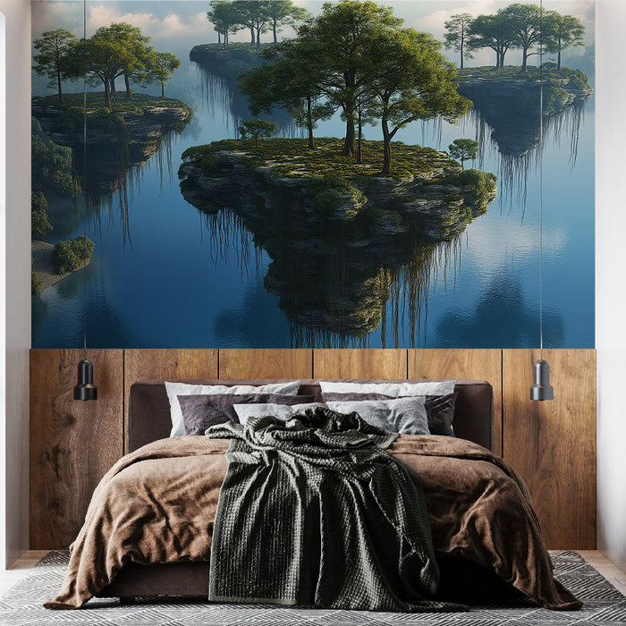 Mural Wallpaper aerial landscape | Lush floating islands on a calm lake