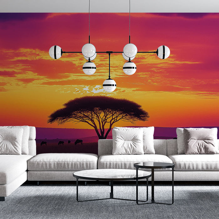 Mural Wallpaper African Landscape | Vibrant Sunset with Animal Silhouettes