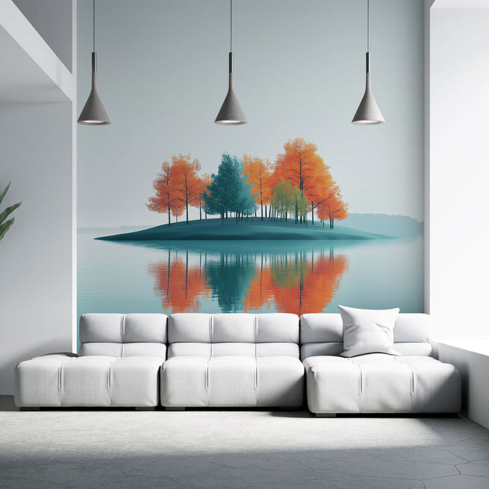 Falfestmény békés tájkép | Békés sziget őszi színekben pompázó fákkal
