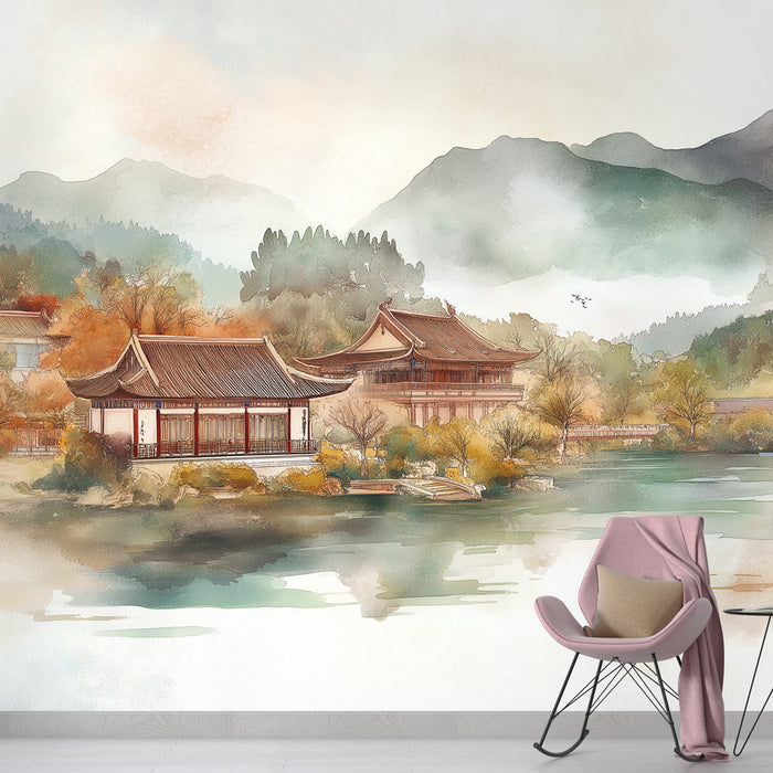 Mural Wallpaper landscape watercolor | Charming traditional landscape with buildings and mountains in the background