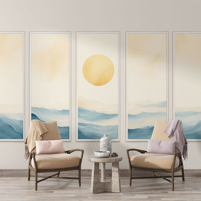 Tapet peisaj acuarelă | Munții albastru gradient cu soare aurit